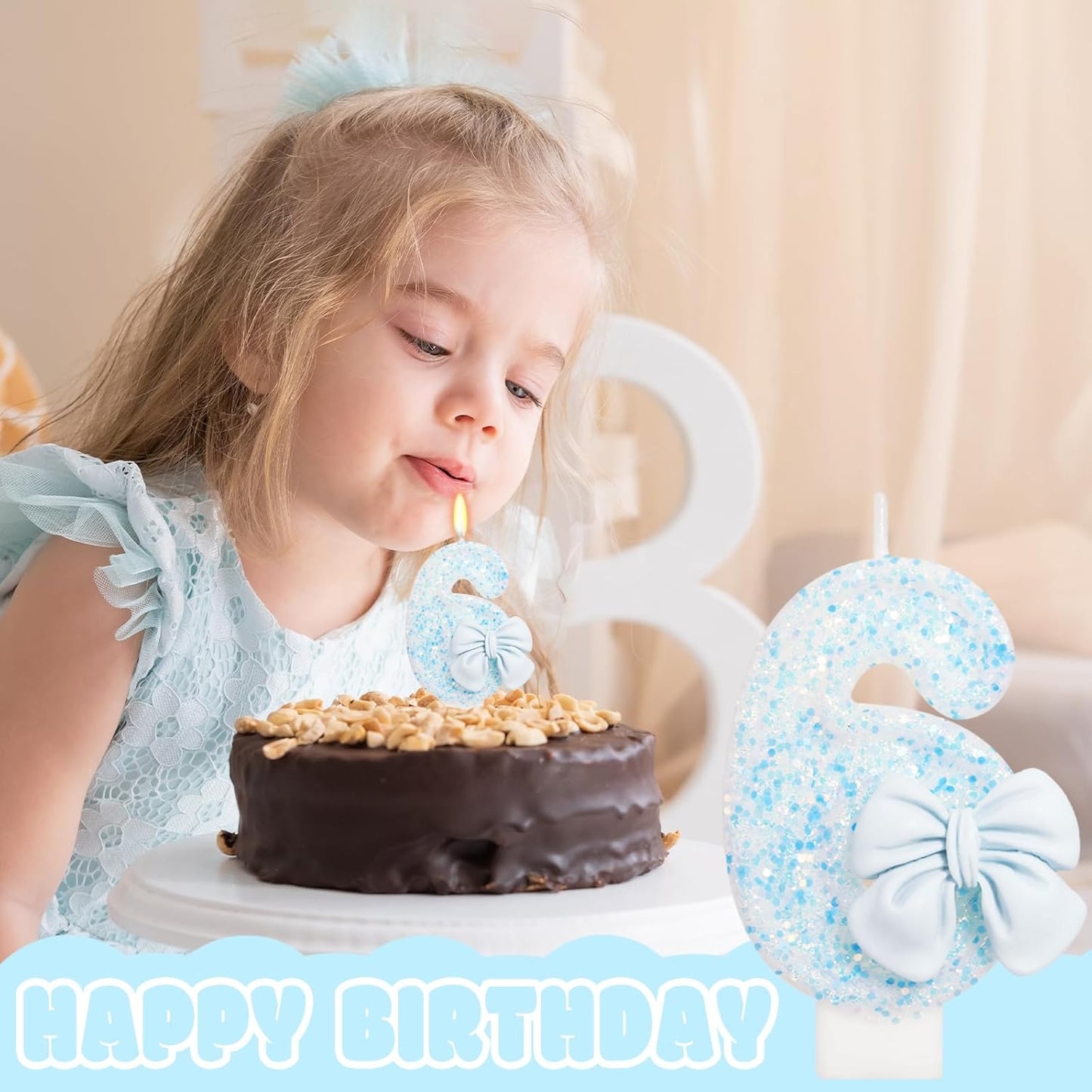Birthday Candle for Cake, Blue Bow Number Candles, 2.76 inch Number, Cake Topper Decoration for Birthday Party (Number 6)