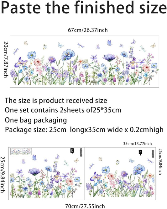 2 Pieces Purple Flowers Wall Decals Vinyl Purple Flowers Wall Stickers Removable Floral Art Murals Peel and Stick Colorful Decor for Girls Bedroom Living Room Nursery