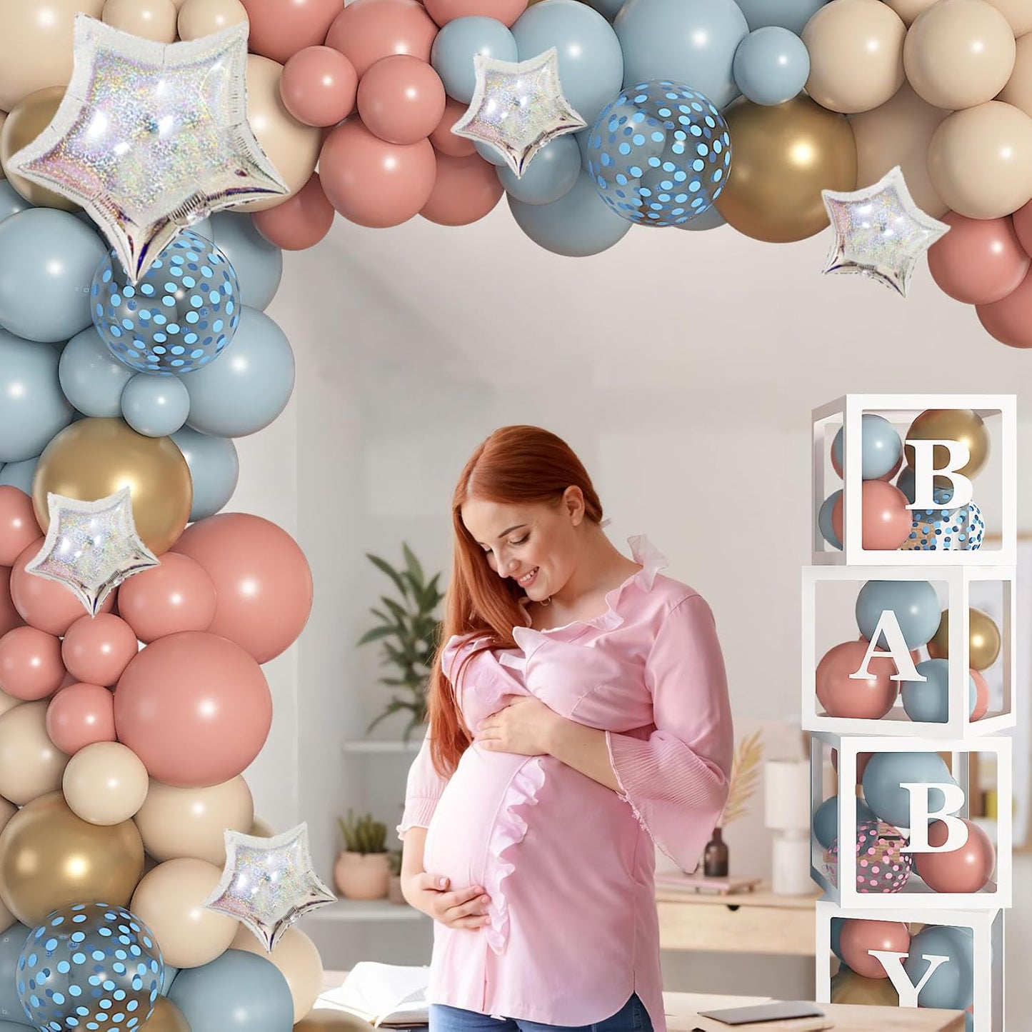 Amandir 164PCS Gender Reveal Balloon Boxes Decorations, Dusty Pink and Blue Balloon Garland Kit 4pcs Boxes with Letters (A-Z+ Baby) for Baby Shower Birthday Boy or Girl Gender Reveal Party Supplies