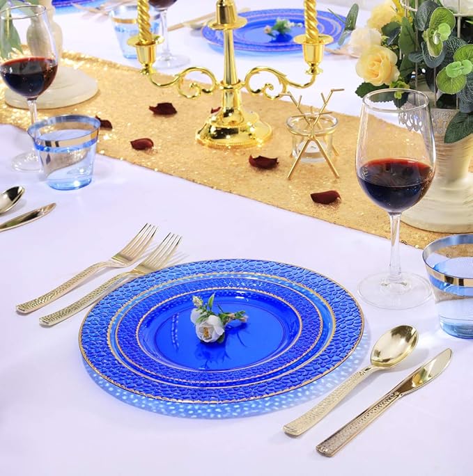 Nervure 102PCS Blue Plastic Plates - Disposable Blue Party Plates Include 51PCS 10.25inch Dinner Plate & 51PCS 7.5inch Dessert Plate for Wedding & Party & Father's Day