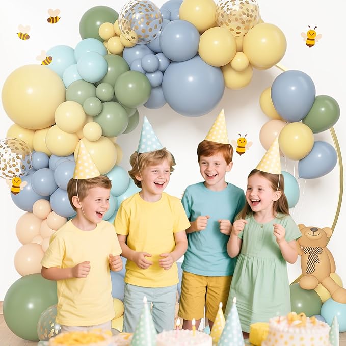 Amandir 153pcs Blue and Yellow Balloon Arch Kit, Different Sizes 18 12 10 5 inch Sage Green Dusty Haze Blue Pastel Yellow Cream Gold Confetti Balloons for Birthday Party Bear Baby Shower Decorations