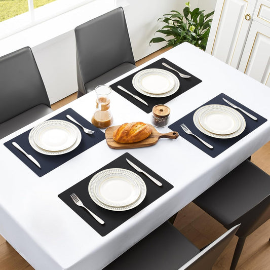 MOSAYT Vinyl Placemats Set of 6, Heat Resistant Place Mats 100% Waterproof Washable & Wipeable Faux Leather Reversible Table Mats for Kitchen Dining Party Indoor Outdoor, 12" x 17", Black/Navy