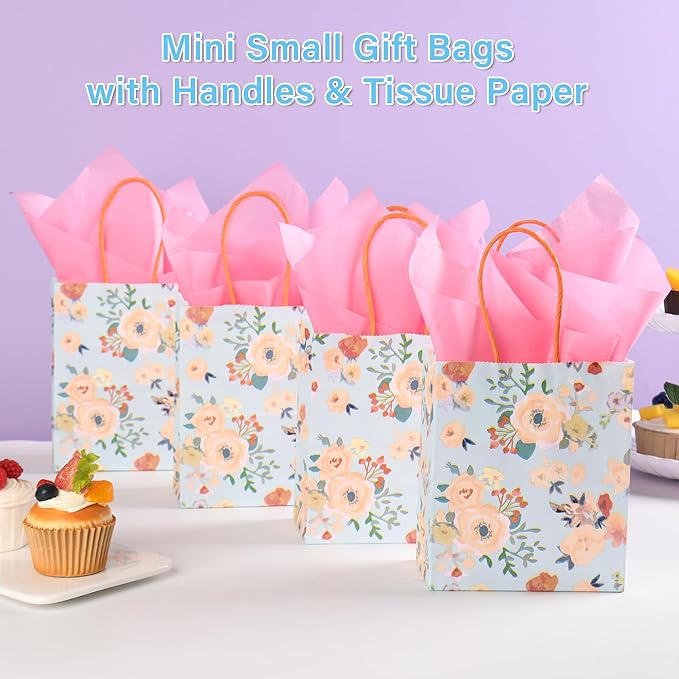 24 Pack Mini Floral Paper Gift Bags Small Green Party Favor Bags with Handles and Pink Tissue Paper for Wedddings, Bridal Baby Showers, Birthdays, Tea Parties 6.5x5.5x3 Inch (Spring Flowers)