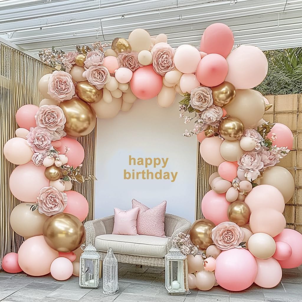 Pink White Gold Balloon Garland Double Stuffed Light Baby Pink Balloons Sand White Gold Balloon Arch Kit for Baby Bridal Shower Graduation Wedding Engagement Coquette Birthday Party Decorations