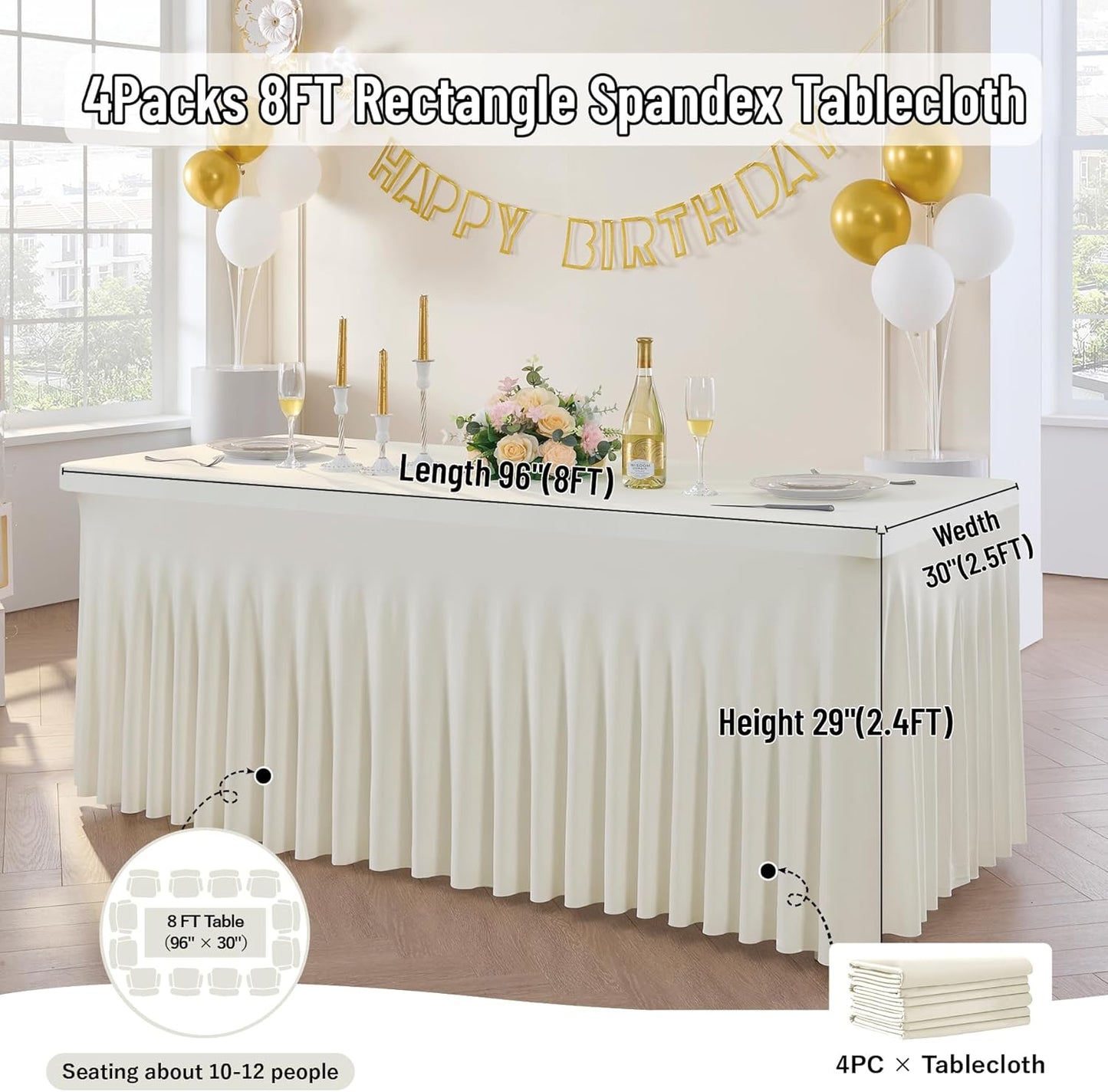 Outpain 8ft Spandex Table Cloth for Standard Folding Tables-4Pack Ivory Table Cloth Table Protector for Party, Wedding, Cocktail, Banquet, Festival