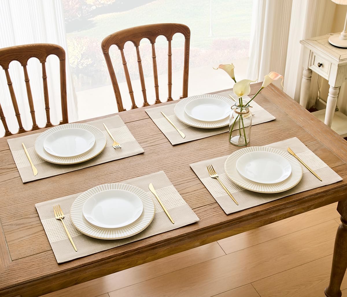 Wracra Linen Placemats, 12 x 18 Inch Set of 6 Placemats, Farmhouse Macrame Place Mats for Kitchen Table and Heat Resistant-Hemstitch Light Coffee 6PCS