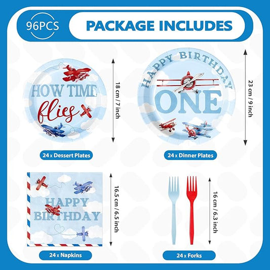 96Pcs Airplane 1st Birthday Decorations for Boys Red & Blue Airplane First Birthday Plates and Napkins Sets How Time Flies Party Decorations for Girls Baby Shower One Years Old Supplies Serve 24