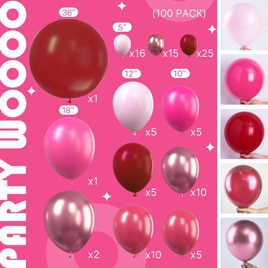 PartyWoo Pink Balloon Garland, 100 pcs Shades of Pink Different Sizes Pack of 36 Inch 18 Inch 12 Inch 10 Inch 5 Inch for Balloon Garland or Balloon Arch as Party Decorations, Birthday Decorations