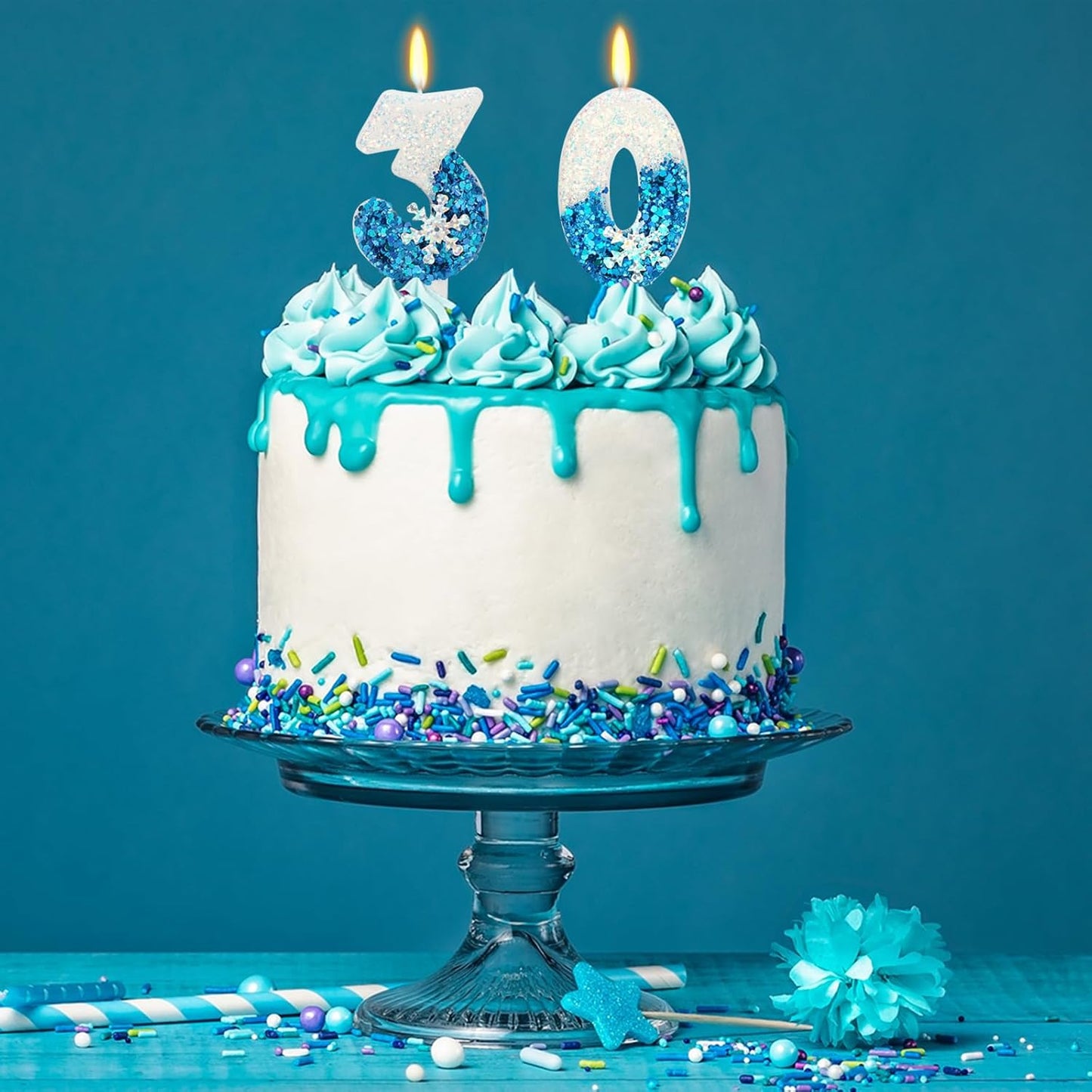 Snow Themed Birthday Candles, Birthday Candle for Party Supplies, Winter Birthday Party Supplies, 2.76 inch Number 30 Candle Cake Topper Decoration (Number 30)