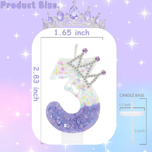 Purple White Number 3 Candle, Glitter Crown Cake Topper, Princess Birthday Party Decorations for Girls and Women Anniversary Celebrations Party Favors
