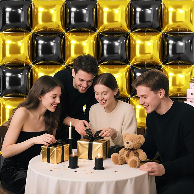 NISOCY 36PCS Black Gold Square Foil Balloons Wall Backdrop Double Sided Metallic Black Gold Balloon Arch Kit New Years Birthday Graduation Anniversary Engagement Bridal Baby Shower Party Decorations