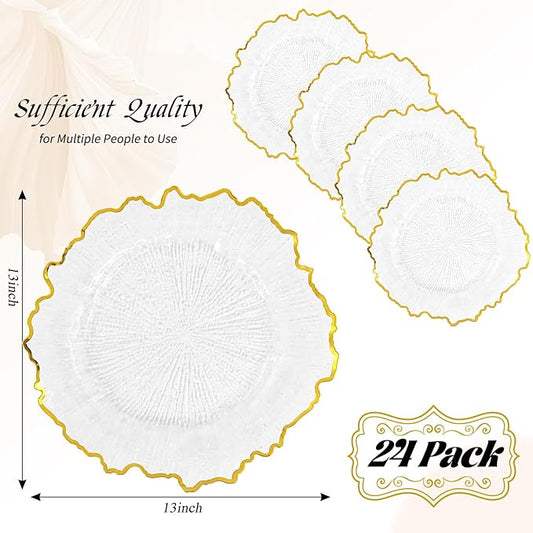 24 Pack Clear Charger Plates Bulk, 13" Plastic Reef Chargers for Dinner Plates, Round Charger Plate with Gold Rim Floral Reef Design for Dinner Wedding Party Table Setting Decoration