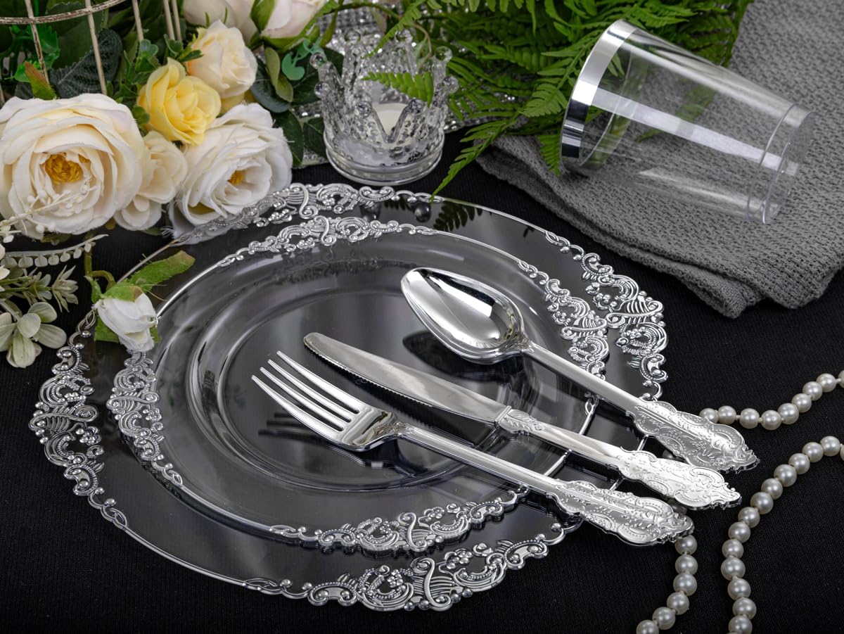 Morejoy 350PCS Clear Silver Plastic Plates - Silver Disposable Plates sets Include 50 Dinner Plates,50 Salad Plates,50 Forks,50 Knives, 50 Spoons,50 Cups, 50 Rolled Napkins for Wedding & Party