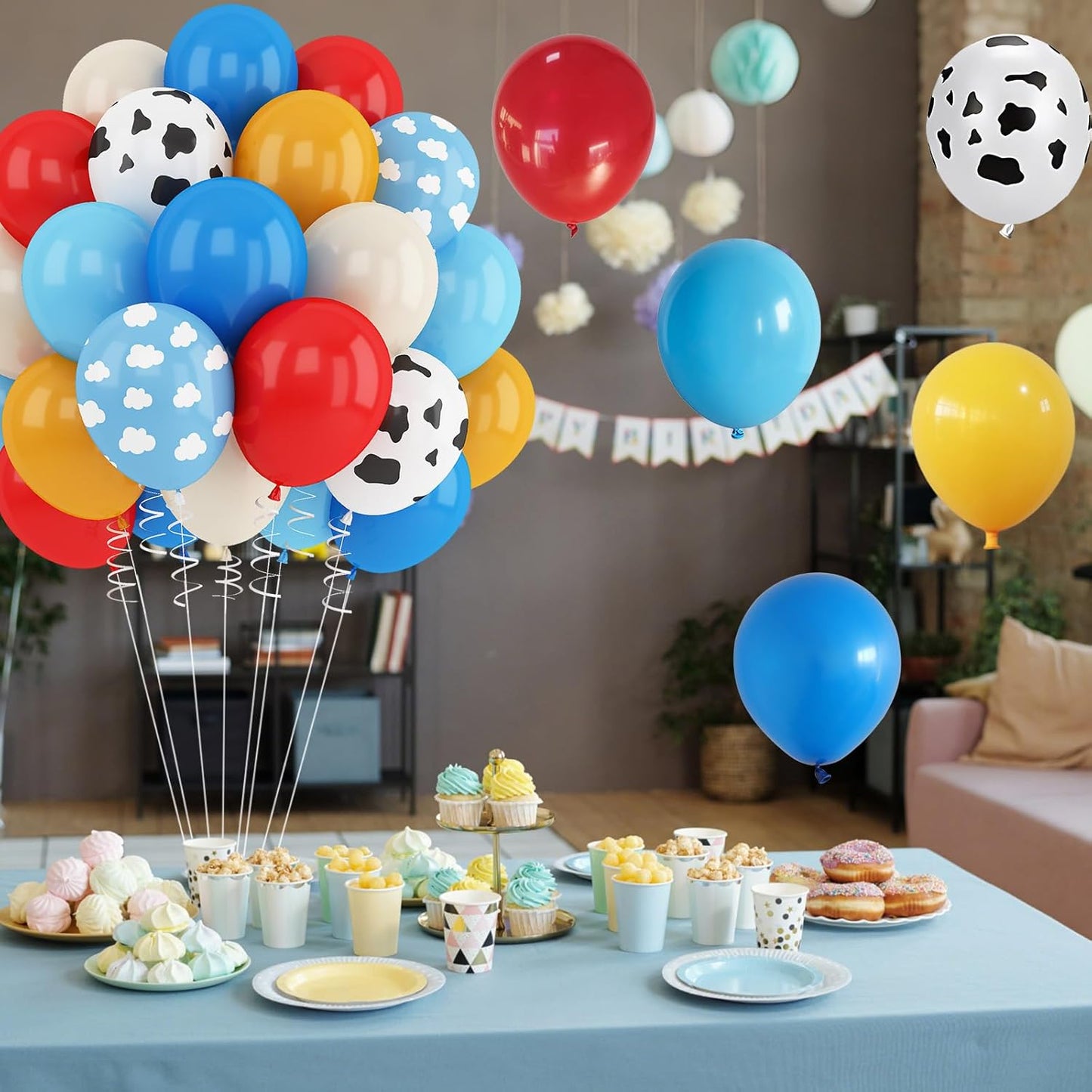 Red Blue Yellow Balloons 12inch Cow Print Sky Blue White Cloud Balloon for Kids Farm Theme Cowboy Birthday Party Decorations Western Blue Red Yellow Beige Latex Helium Balloon for Arch