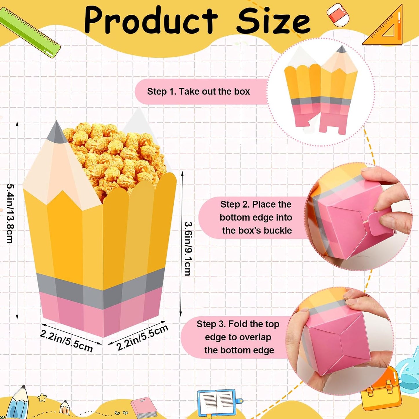 DECYOOL 24 Pieces Back to School Popcorn Boxes, Candy Pencil Treat Bags for Welcome Back to School Teacher Appreciation Gifts School Classroom Decoration