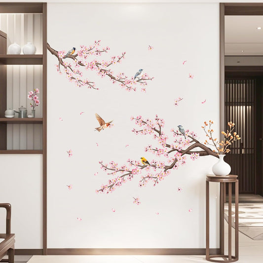 Pink Cherry Blossom Branch Wall Decals, Flowers Birds Wall Stickers Vinyl Peel and Stick Wall Decal Self Adhesive Wall Art Sticker for Aisle Bedroom Offices Sofa TV Backdrop Wall Home Decor