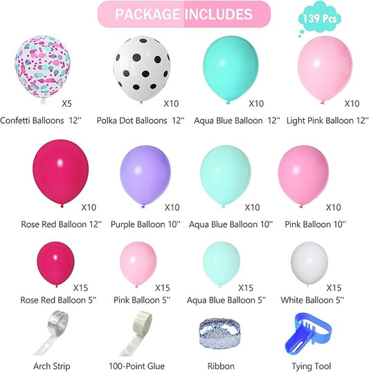 Amandir 152pcs Hot Pink and Teal Blue Balloon Garland Arch Kit, Different Sizes 12 10 5 Purple Rose Red Confetti White Dots Turquoise Balloons for Spa Girls Surprise Birthday Baby Shower Decorations