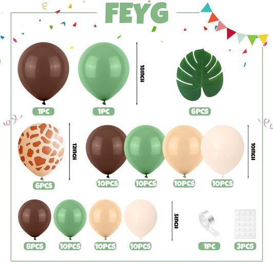 Sage Green Brown Balloon Arch Kit, Safari Balloons Arch with Olive Green Gold Animal Print Balloons Dark Brown Coffee Nude Balloon for Jungle Safari Wild Birthday Baby Shower Party Decoration