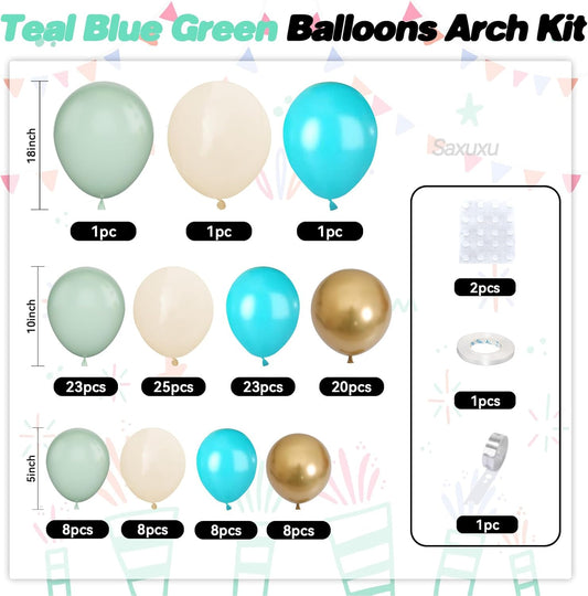 Teal Balloons Arch Kit, Teal Green Balloon Garland Arch Kit, Macaron Teal Blue Retro White Metallic Gold Balloons For Birthday Baby Shower Back To School Theme Party Wedding Decorations Supplies