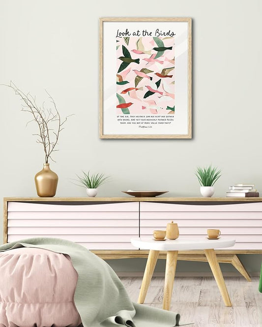 EcoHest Large 16x20in OAK Wood Framed Wall Art, Look at the Birds of the Air Bible Verse Matthew 6, Christian Scripture Modern Canvas Wall Decor for Bedroom Living Bathroom Religious Gift 1 Pack