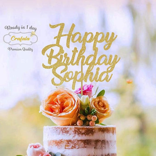 Happy Birthday Cake Topper, Gold Glitter, Personalized, 6' or 8'
