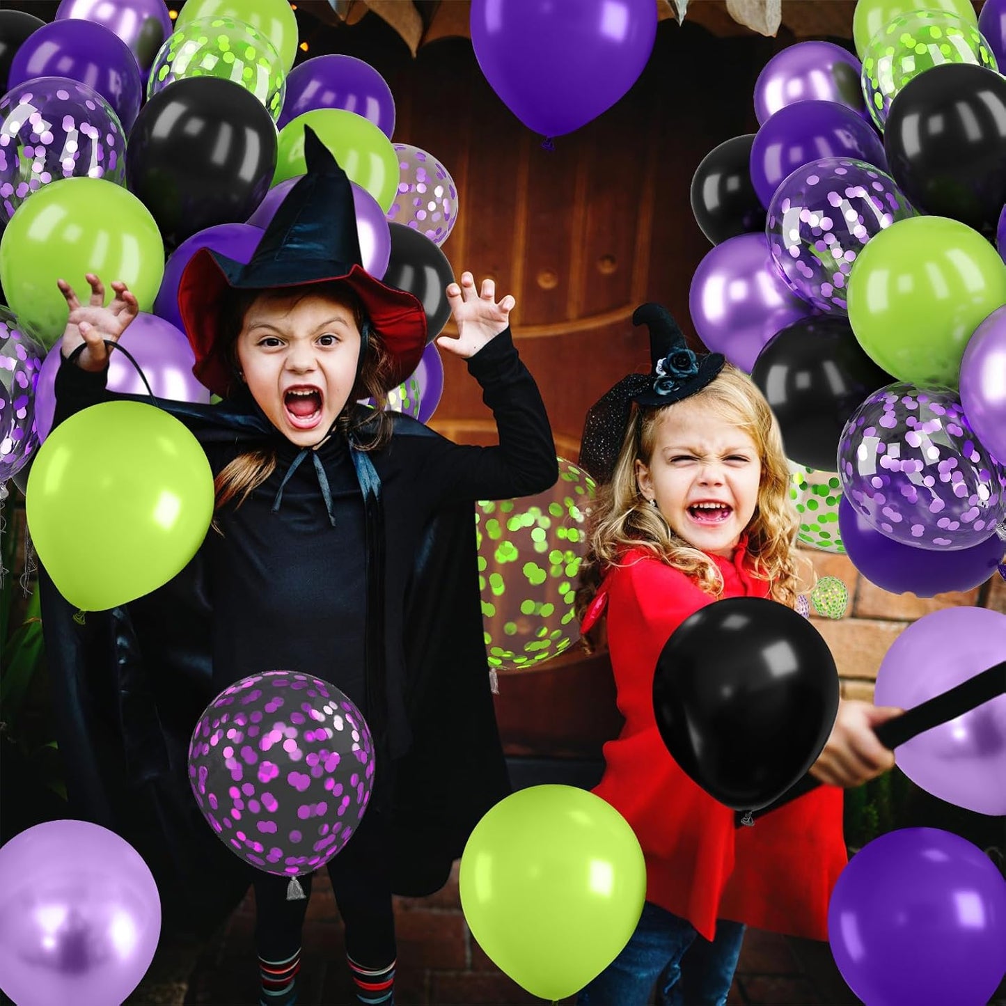 Purple Green Halloween Balloons – 12 Inch Matte Black Fruit Green & Metallic Purple Confetti Latex Balloons for Halloween & Birthday Party