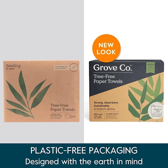 Grove Co. Bamboo Paper Towels, Tree Free & Sustainable Kitchen Paper Towels, Strong & Absorbent with Custom Select Sheets for Less Waste, Zero Plastic Waste. 140 x 2-ply Sheets per Roll, 6 Pack Rolls