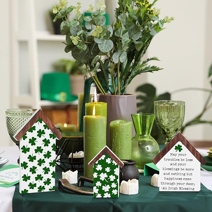 3 Pcs St. Patrick's Day Wood Tiered Tray Decorations Irish Wooden Table House Shape Block Sign Decor Rustic Shamrock Lucky Table Centerpiece for Home Table Centerpiece Farmhouse Shelf Mantel