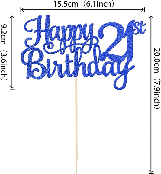 1 PCS Happy 21st Birthday Cake Topper Glitter Cheers to 21 Years Cake Pick 21 Fabulous Cake Decoration for 21st Birthday Theme Party Decorations Supplies Blue