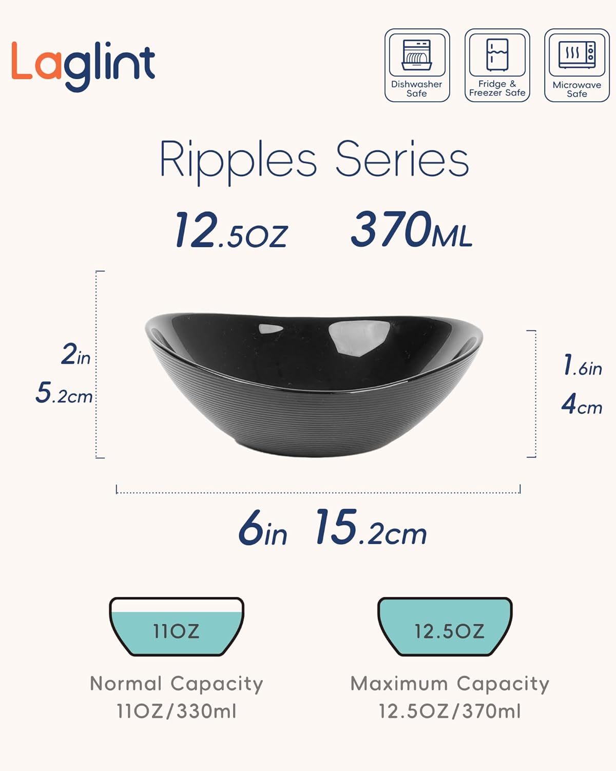 12 OZ Bowl Set of 6, Opal Glass 6 inch Oval Small Ice Cream Bowls for Breakfast Snack Dessert, Side Dishes, Fruit Kitchen, Microwave & Dishwasher Safe, Black