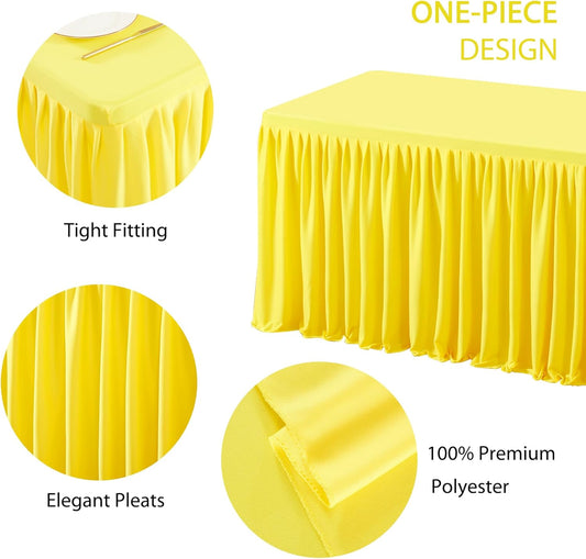 1 Pack Yellow Rectangle Table Clothes for 8 Foot Tables, Polyester Wrinkle Free Fitted Tablecloths 8ft Stretch Table Cover with Skirt for Wedding, Birthday, Parties, Trade Show, Craft Show
