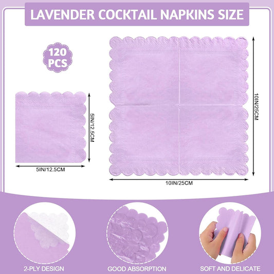 120 Pcs Purple Napkins,Scalloped Lavender Napkins Disposable Purple Cocktail Napkin Lilac Beverage Dessert Napkin for Birthday Wedding Bridal Baby Shower, 5 x 5 Inch