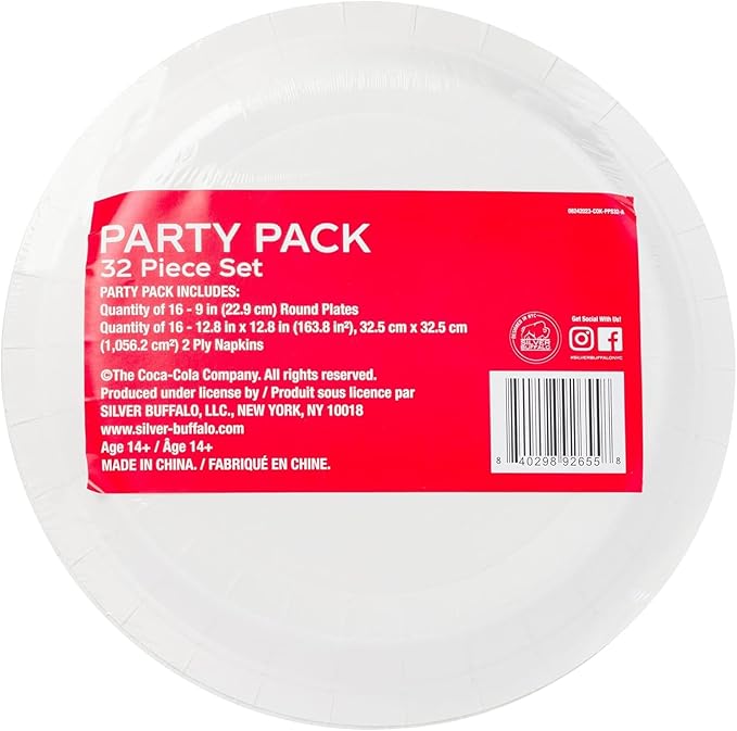 Silver Buffalo Coca-Cola Polar Bears Christmas Tree 32 Pack Partyware Disposable Paper Plates and Napkins