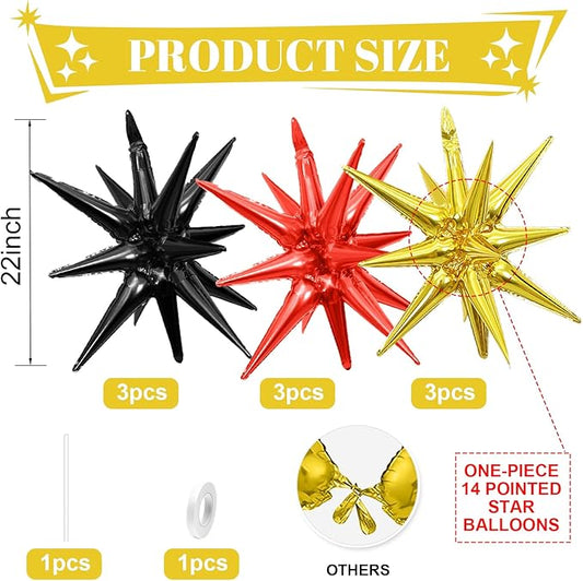Black Red Gold Star Balloons,9Pcs 22Inch Black Gold Red Explosion Spike Cone Helium Polyester Film Star Foil Balloons for Birthday Anniversary Baby Shower New Year Disco Party Decorations