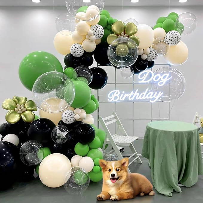 Dog Paw Green Black White Balloon Garland Arch Kit, 167Pcs Latex Balloons Different Sizes 18 12 10 5 inch for Pet Dog Theme Birthday Baby Shower Graduation Wedding Party Decorations