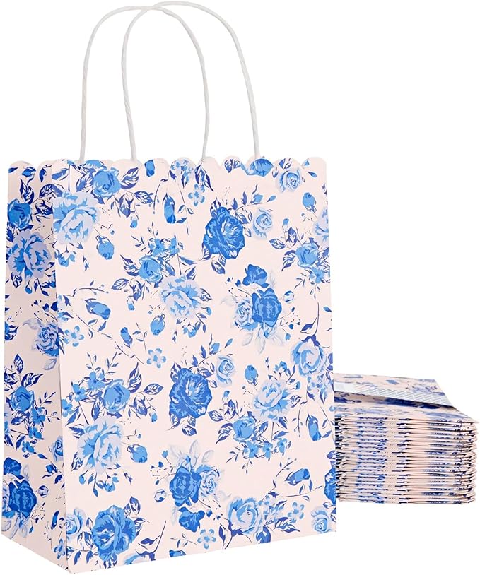 Sparkle and Bash Floral Party Favor Bags - 24-Pack, 10 x 8 x 4 In, Blue & Pink - Reusable Paper with Handles for Thank You Gift Bags at Wedding, Bridal & Baby Shower