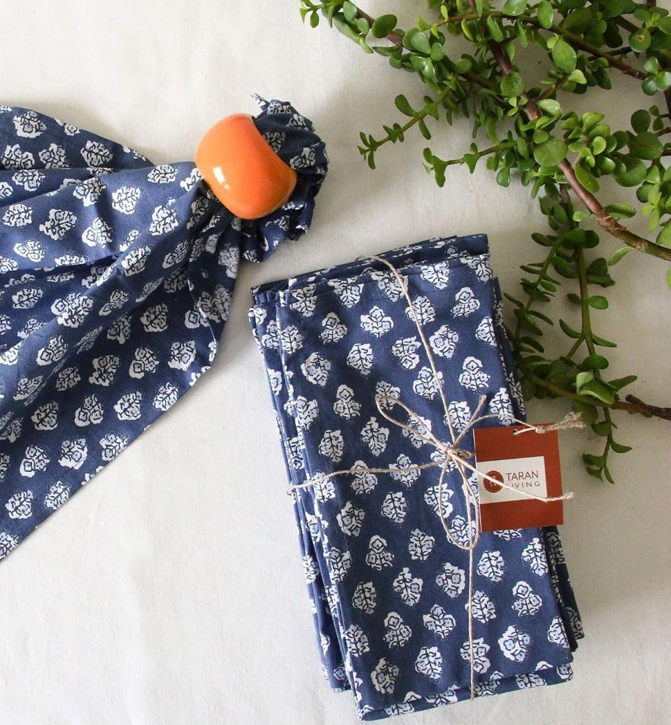 TARAN LIVING Cotton Cloth Napkins Natural Reusable Fall Dinner Napkins Reusable Machine Washable Fabric for Events, Gift, Home Decor - Indigo Blue (Pack of 4), 18x18 Inches