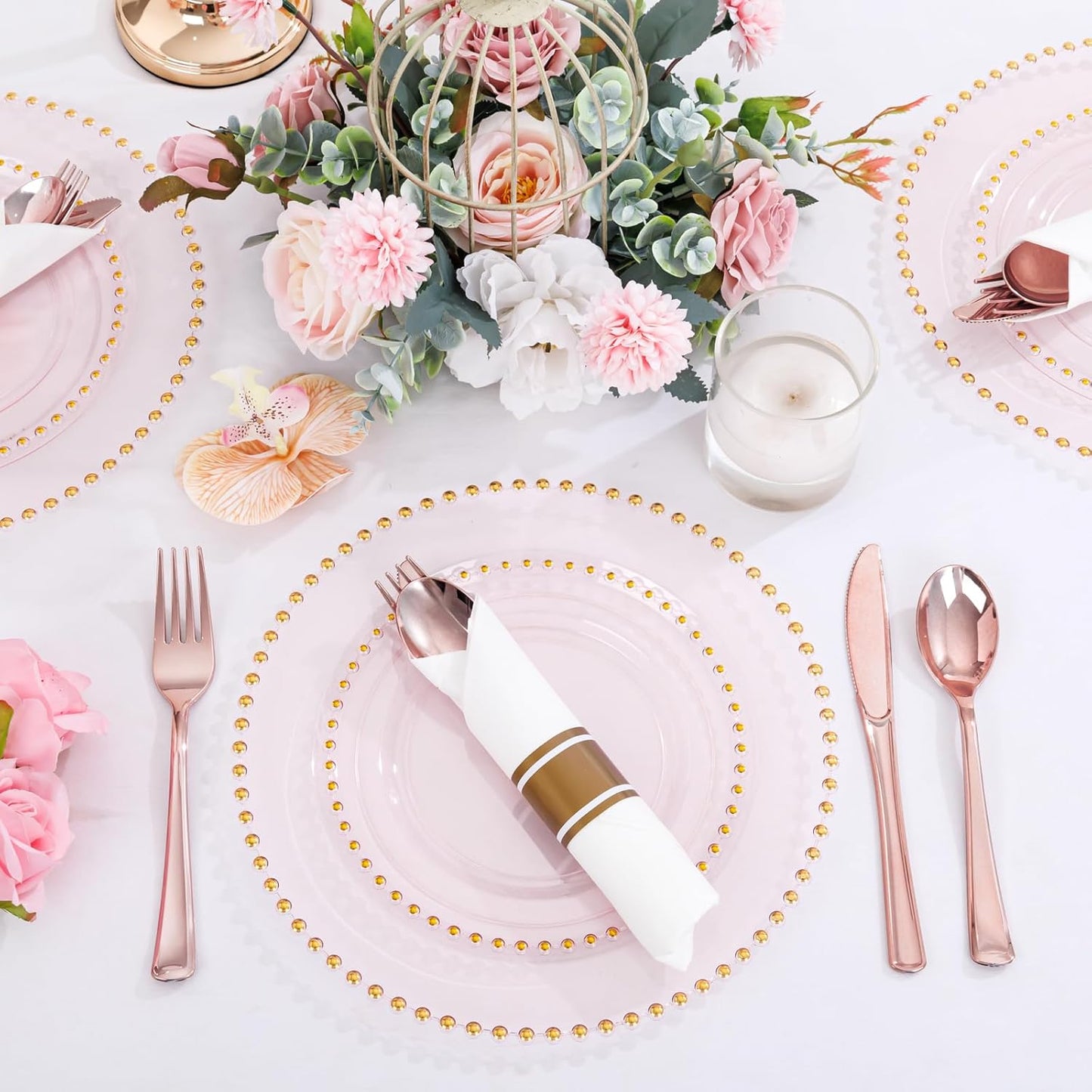 Supernal 100 Pack Rose Gold Plastic Silverware, Wrapped Silverware Set Disposable, Wrapped Plastic Cutlery Set with Napkin, Rose Gold Disposable Cutlery Set for Wedding, Party, Birthday