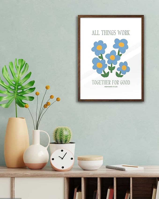 EcoHest Walnut Color OAK Wood God Framed Wall Art, 12x16in Romans 8:28 All Things Work Bible Verse Christian Wall Art, Modern Blue Flower Bedroom Decor For Living Room Bathroom Christian Gift 1Pack