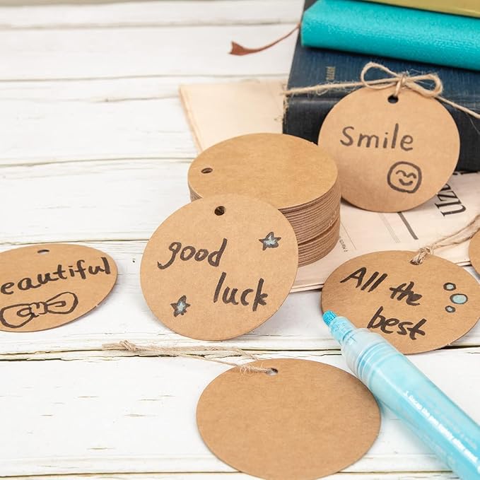 SallyFashion 160PCS Gift Tags with String Attached, Round Brown Gift Tags 2.2x2.2 inch Circle Kraft for Clothing, Gift, Cupcake Party Favors DIY Crafts