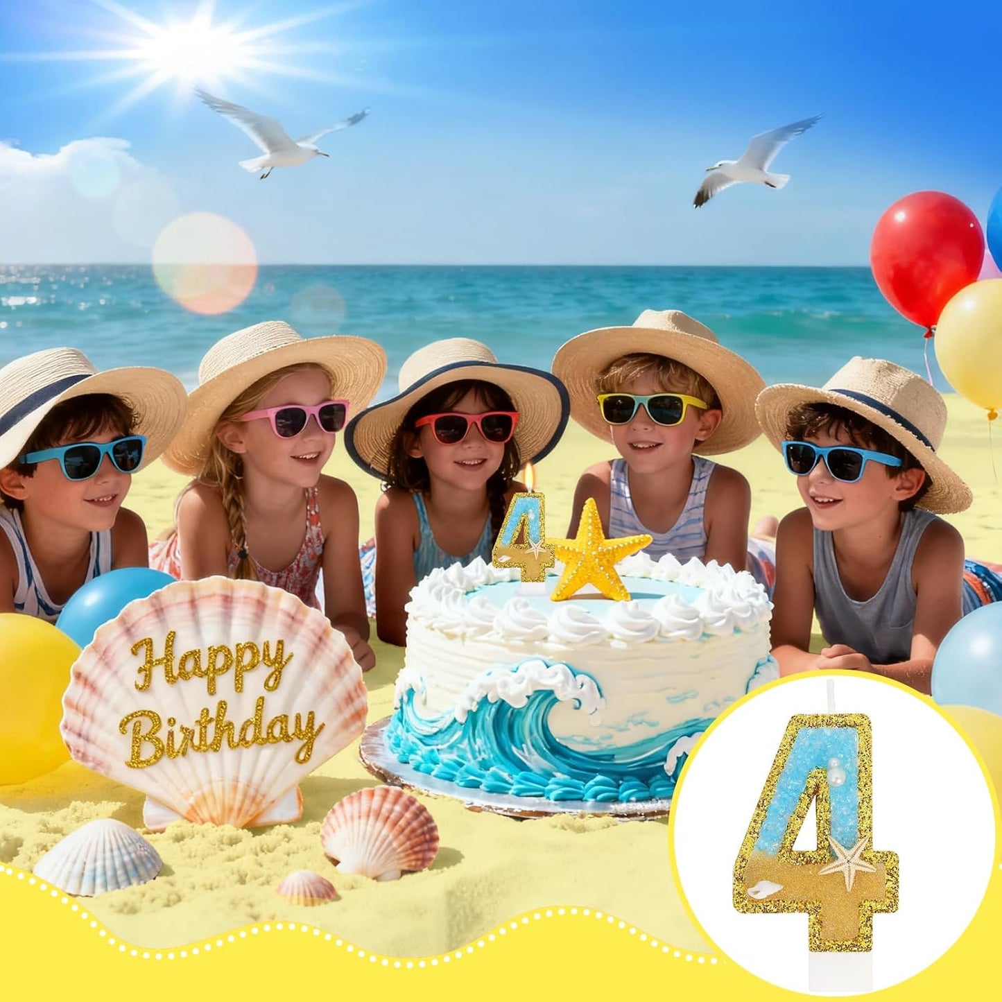 Ocean Number 4 Candle, Glitter Gold Beach Starfish Cake Topper, Tropical Ocean Princess Birthday Decorations for Party Supplies Wedding Anniversaries