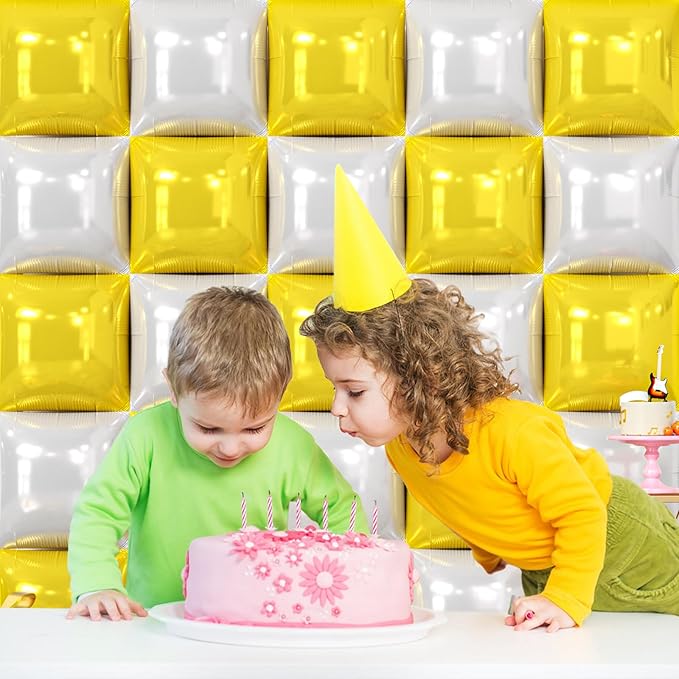 NISOCY 25PCS Yellow White Square Foil Balloons Wall Backdrop Double Sided Yellow Pearl White Balloons Arch Kit for Birthday Wedding Anniversary Baby Bridal Shower Party Decorations