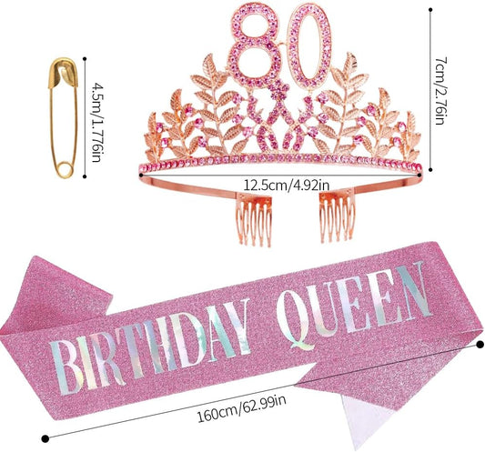 Birthday Sash Tiara Birthday Tiara Rhinestone Crown Rose Gold Birthday Queen Tiara Sash and Tiara for Women Birthday Decor Princess Tiara Cake Topper Crystals Hair Accessories for Party