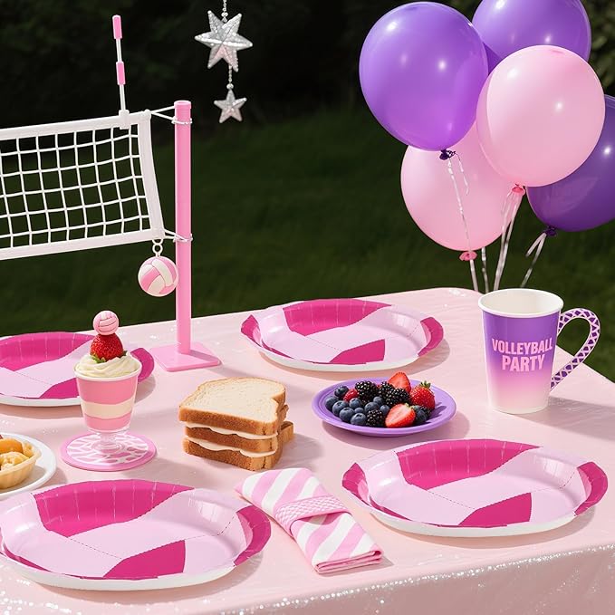 Grencian 50Pcs Pink Volleyball Party Supplies 10" x 12" Volleyball Oval Paper Plates Sport Birthday Party Disposable for Girls Ball Games Birthday Baby Shower Decorations