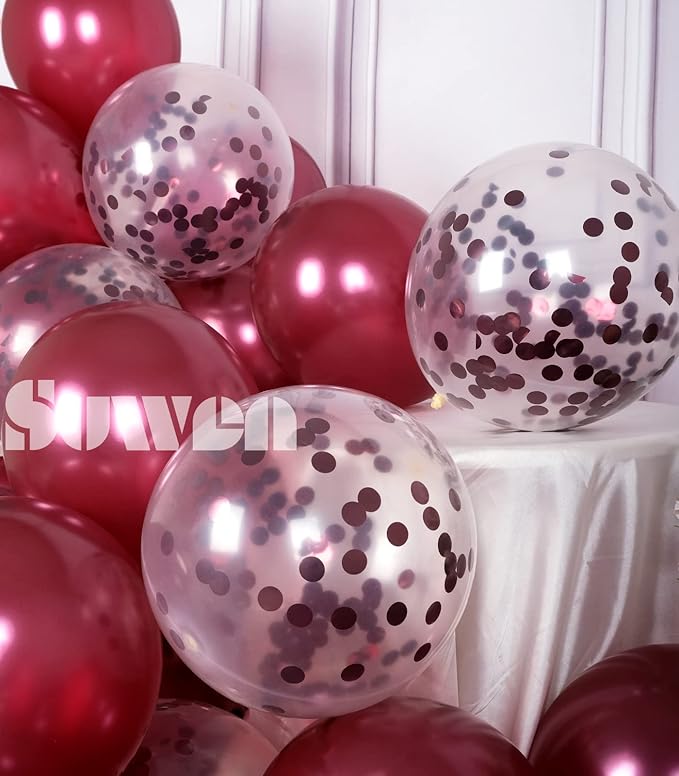 SUWEN Burgundy Balloons and Burgundy Confetti Balloons Set 47PCS Shiny Latex Helium Maroon Balloon for Birthday Graduation Anniversary Party Decorations