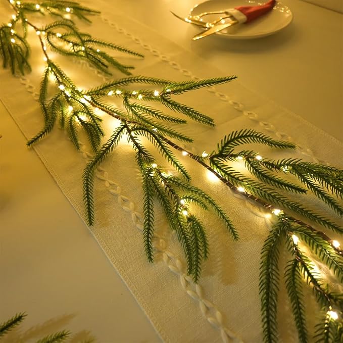 2025 New Christmas Norfolk Garland Lights 6.56FT Pine Garlands 96 LED 8 Flash Modes Battery Operated Xmas Garland Lights with Timer Lighted Christmas Decorations for Mantle Fireplace Door Home Holiday