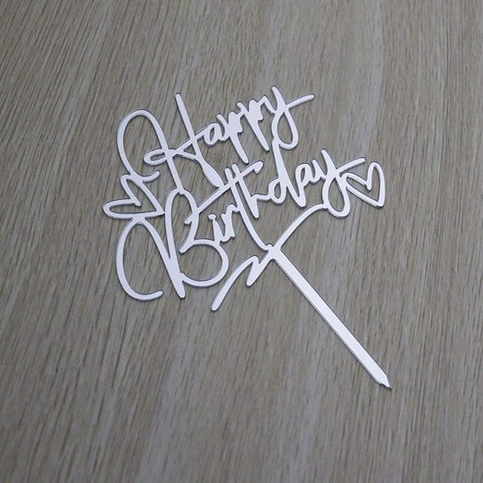 Happy Birthday Cake Topper - Birthday Party Decorations, Mirror Silver Acrylic