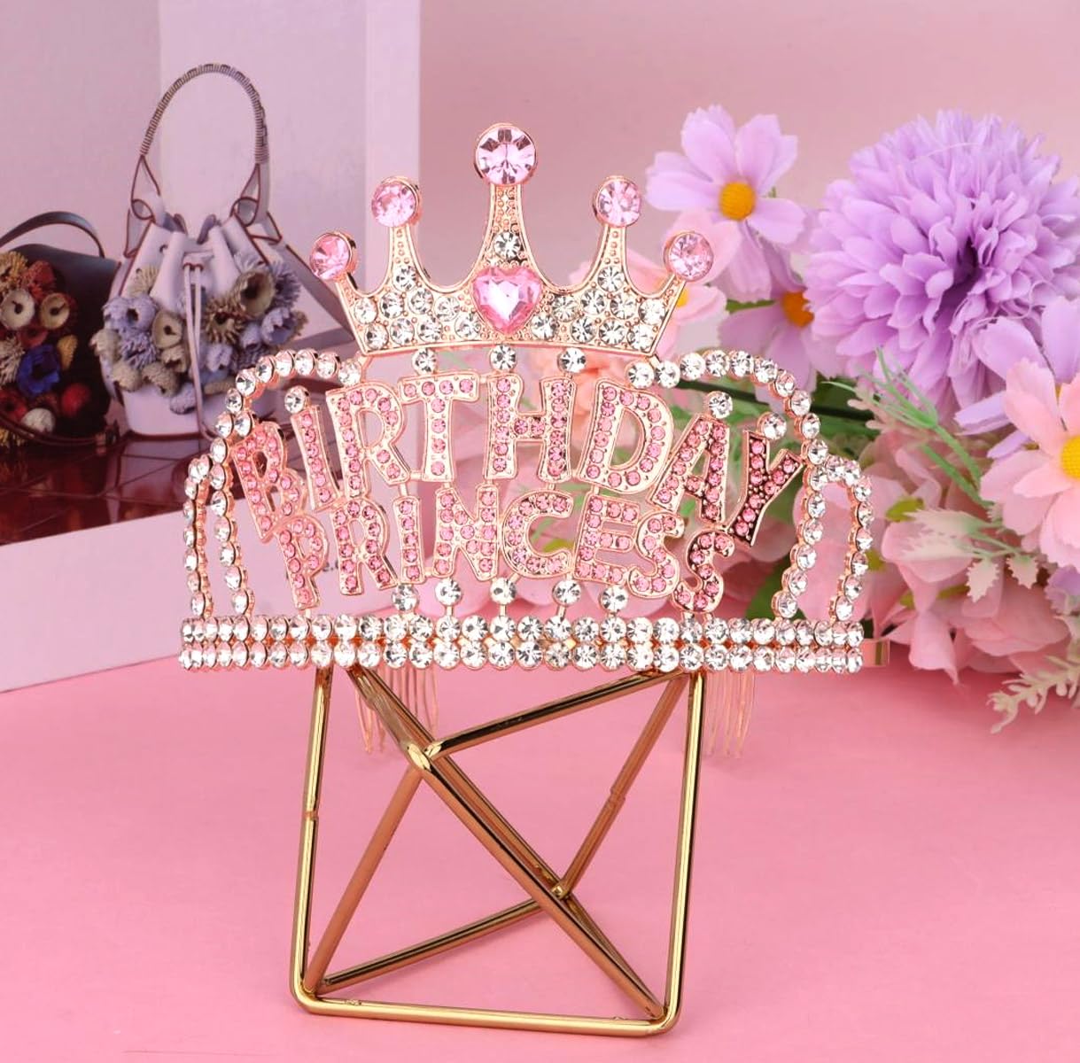 Wecoe Birthday Crown Rose Gold Princess Rhinestone Tiara with Combs Happy Birthday Party Favors Pink Decorations 16th 18th 21st 25th Gifts for Her
