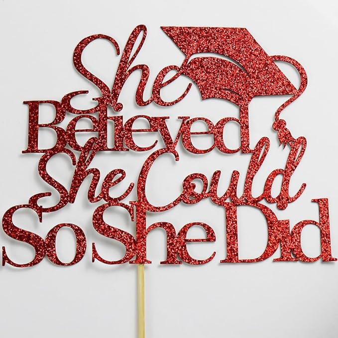 She Believed She Could So She Did Cake Topper,2025 Graduation Cake Topper,cake Decorations for Girls,2025 High School/College/University Graduation (red)