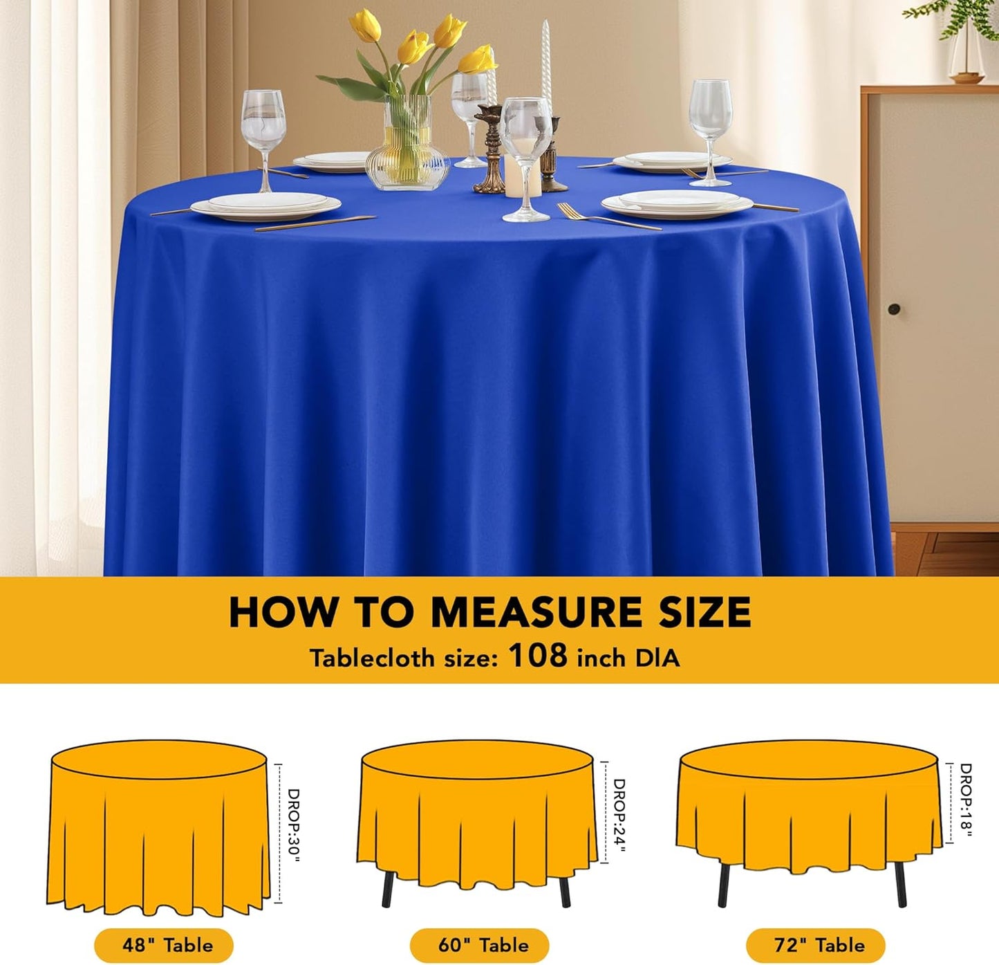 10-Pack Royal Blue Round Tablecloths, 108 Inches, Stain-Resistant Polyester for 4-5 Ft Round Tables - Washable Table Covers for Weddings, Banquets, Birthday Parties, Events